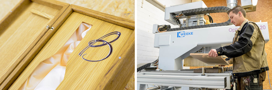 Hochwertig ausgestattete Präsentkiste - ein Mitarbeiter der Holzwerkstatt fertigt ein Bauteil am CNC Bearbeitungszentrum